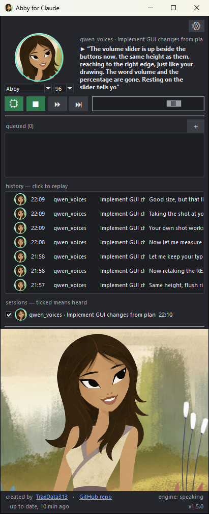 The claude-voice panel, showing Abby mid-sentence